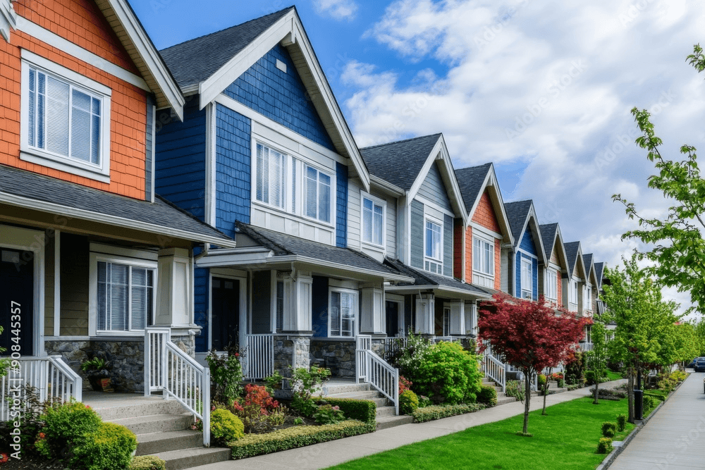 Row of modern townhomes with lawns under a clear sky